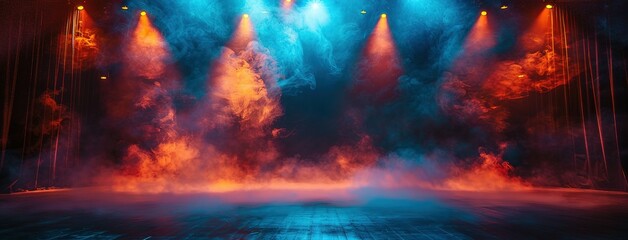 Theater stage light background with spotlight illuminated the stage for opera performance. Empty stage with warm ambiance colors, fog, smoke, backdrop decoration. Entertainment show - obrazy, fototapety, plakaty