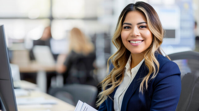 Photo of a smiling Hispanic business woman in Blue Suit, Leading Her Team with a Radiant Smile in Office Setting, Businesswomen Working in Background, Professional Leadership Concept.