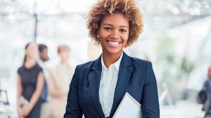 Photo of a smiling Afro-American Businesswoman in Blue Suit, Leading Her Team with a Radiant Smile in Office Setting, Businesswomen Working in Background, Professional Leadership Concept.