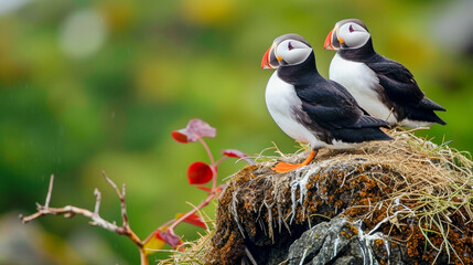Two Paciific puffins near burrow