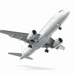A commercial jet airliner ascends against a white background, isolated and ready for travel themes.