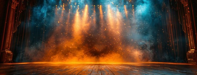 Theater stage light background with spotlight illuminated the stage for opera performance. Empty stage with warm ambiance colors, fog, smoke, backdrop decoration. Entertainment show - obrazy, fototapety, plakaty