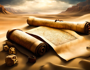The Dead Sea Scrolls depiction, still life. Edited AI generated image  - 765655646