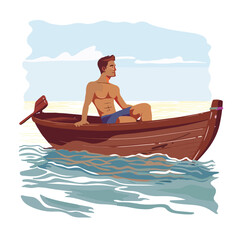 Guy sitting on wooden boat in sea. Marine traveler