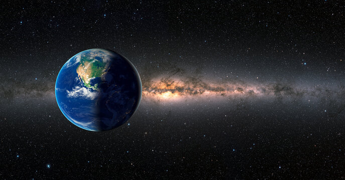 Day and night on Planet Earth milky way galaxy in the background. Elements of this image furnished by NASA