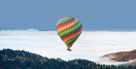 Hot air balloon flying over spectacular Yedigoller National Park, Bolu