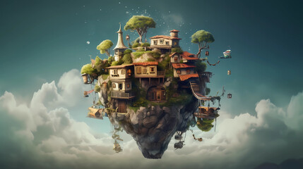 Fairy tale houses in the sky, trees and chunks of rock. Generative AI.