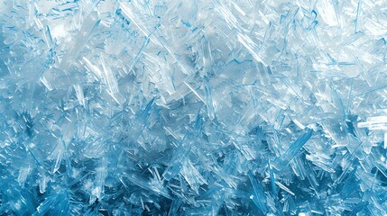 Background of blue ice crystals. The surface of the ice is covered with small, sharp crystals that create a glittering effect.