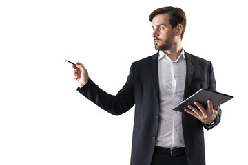 A young adult businessman holding a pen and tablet, gesturing as if to write or draw, on a white background - Powered by Adobe