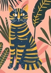 A green and yellow striped cat, illustrated  in pink tones, with simple lines, flat illustrations, and a flat design style.