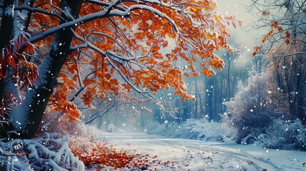 A beautiful winter scene of a snow-covered forest with a tree with orange leaves in the foreground.