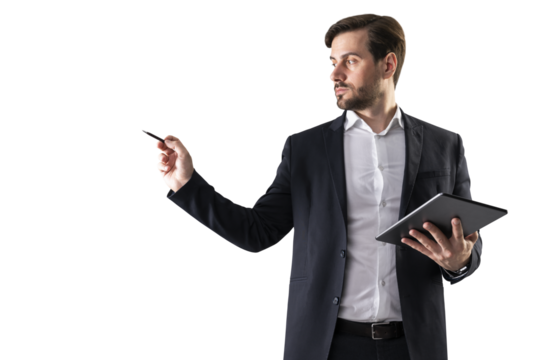 A young adult businessman holding a pen and tablet, gesturing as if to write or draw, on a white background
