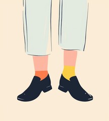 A pair of trousers, bright socks , worn in the style of someone wearing shoe, light  backdrop The illustration is in a flat design style with simple shapes and minimal details.