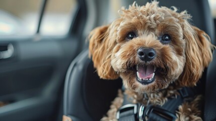 dog sitting happily in a car seat with a safety harness. ai generated