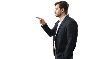 A businessman in a suit pointing to the side, against a white background, invoking a sense of...