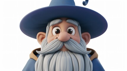 3D rendering of a cartoon wizard with a long white beard, blue hat, and brown eyes.