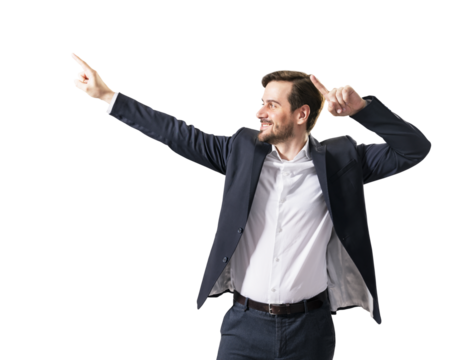 A cheerful young businessman pointing upwards, isolated on a white background, showcasing a positive emotion