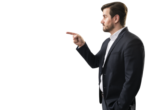 A businessman in a suit pointing to the side, against a white background, invoking a sense of leadership and direction