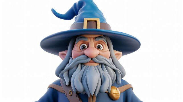 3D rendering of a cartoon wizard. He is wearing a blue robe and a blue hat. He has a long white beard and a friendly smile.