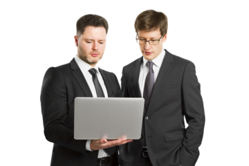 Two businessmen in suits looking at a laptop, isolated on a white background, portraying a professional work scenario