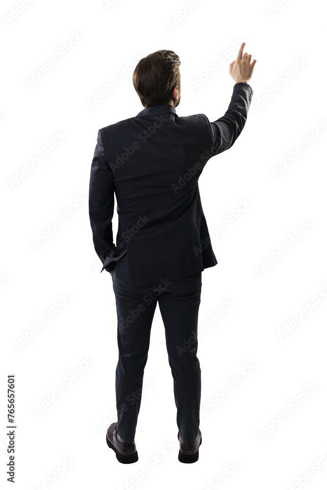 Poster a man in a business suit is making a touch gesture with his hand on an invisible screen, isolated on