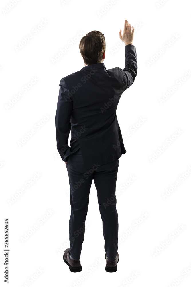 Poster a man in business attire is seen from behind, reaching out as if pressing a virtual button, isolated