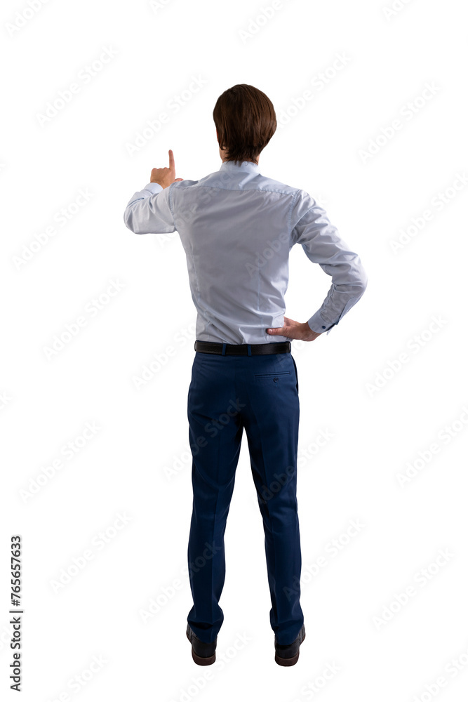 Poster a man in business attire reaching out as if pressing a virtual button, isolated on a white backgroun