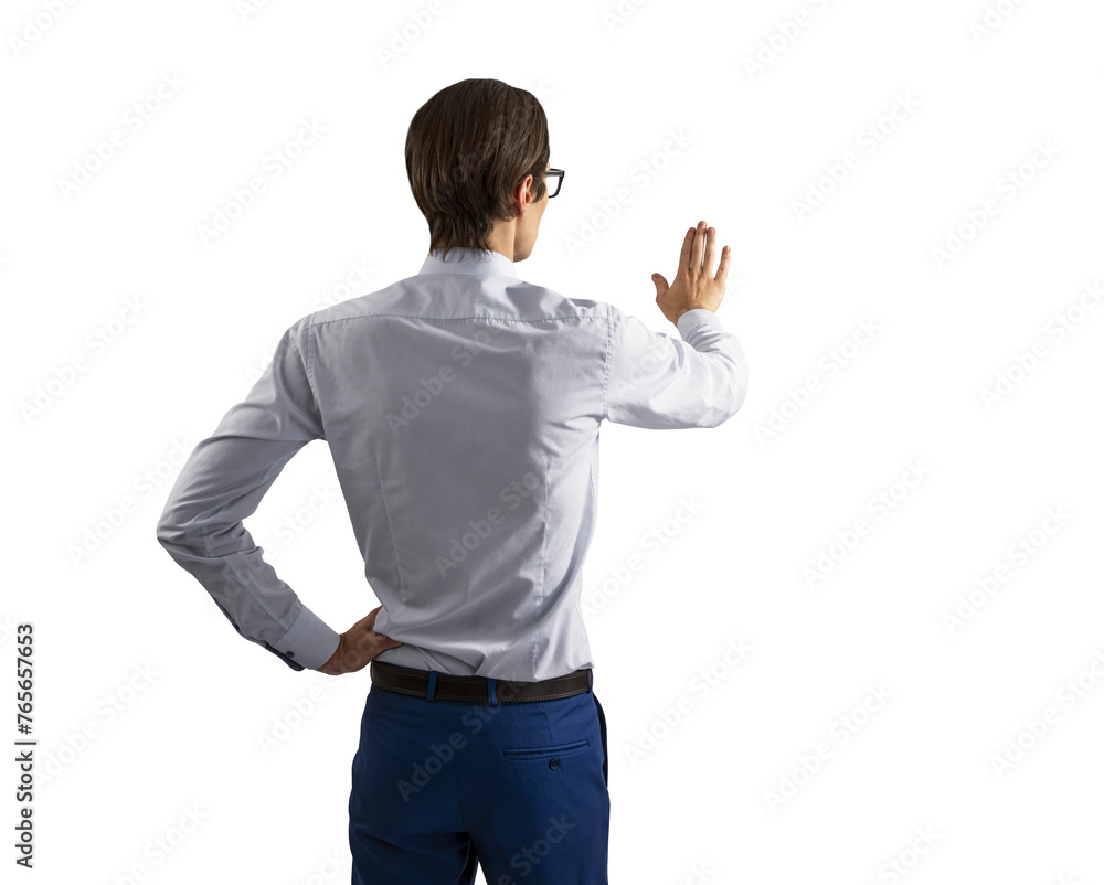 Poster a young man in business attire interacting with a virtual screen, isolated on a white background, co