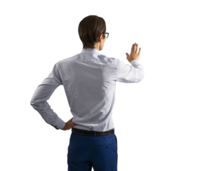 A young man in business attire interacting with a virtual screen, isolated on a white background, concept of technology use