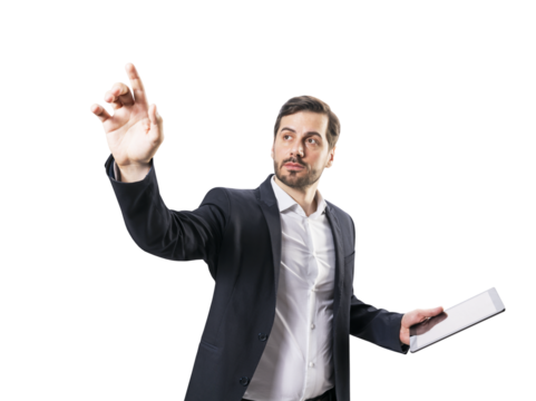 A young businessman in a suit is touching a virtual screen while holding a tablet, against a white background - Powered by Adobe