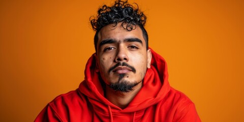 Curly-Haired Man in Red Hoodie - obrazy, fototapety, plakaty