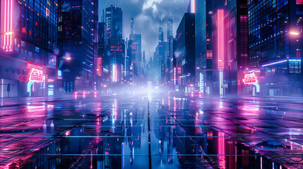 Neon-lit urban street at night, capturing the vibrant energy, technology, and architecture of modern city life in a dynamic environment