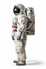 An astronaut geared up in a full space suit standing against a white backdrop, exuding the essence of space exploration. - obrazy, fototapety, plakaty
