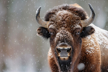 Retrato de bison en la nieve.