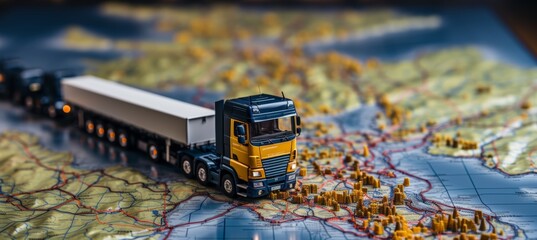 Truck model transporting goods across international borders, set against a world map, with a focus on the concept of cross border transportation and trade.