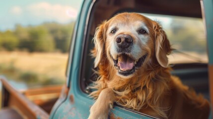Friendly retriever enjoys the ride in a white car's trunk. ai generated