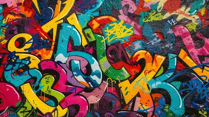 This is an image of a graffiti-covered wall. The graffiti is colorful and abstract, and it appears to have been created by multiple artists.
