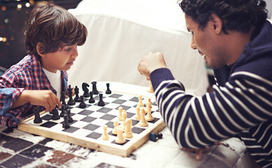 Father, child and chess board game for competition challenge for planning strategy with pawn,...