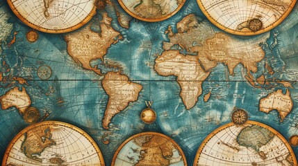 Fototapeta na wymiar This is a world map in a vintage style. It has a blue background with a beige and brown map.