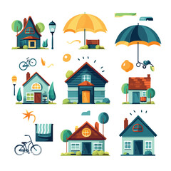 home insurance with properties icons flat vector il