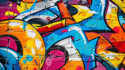 A colorful graffiti covers a brick wall. The graffiti is made up of various shapes and colors, and it has a vibrant and energetic feel.