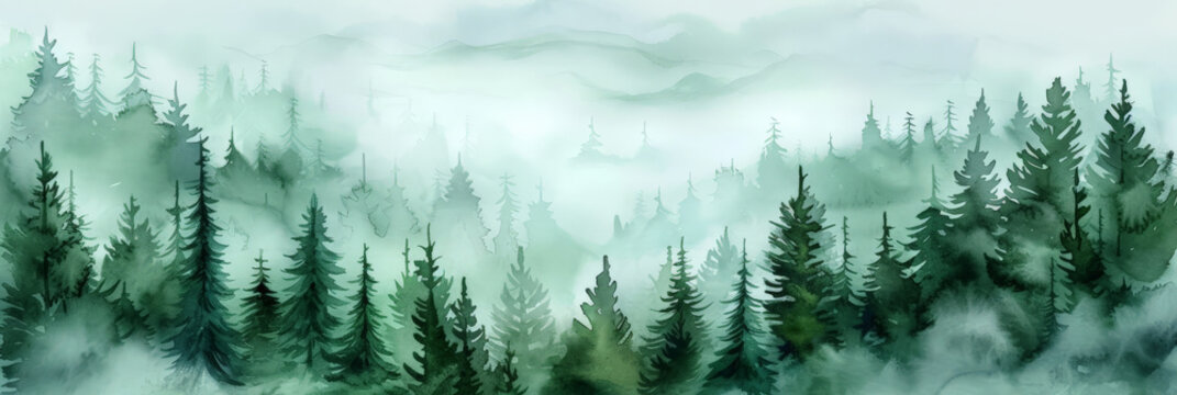 watercolor misty  forest with fog in the mountains, Misty landscape with fir forest in hipster vintage retro style. dark green Misty landscape with fir forest banner	
