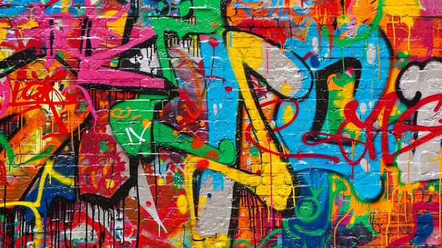 A colorful graffiti painting on a brick wall. The graffiti is made up of various colors and shapes, and it has a vibrant and energetic feel.