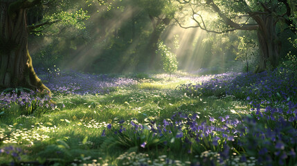 A sun-dappled glade adorned with clusters of delicate bluebells.