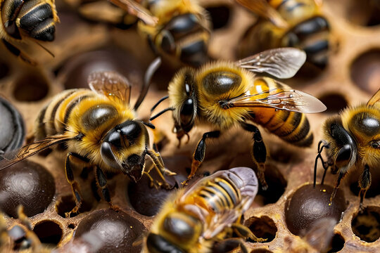 The queen bee marked with a dot surrounded by her worker bees, depicting the bustling life within a bee colony.