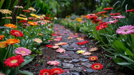 Tuinposter An enchanting garden pathway lined with vibrant gerbera daisies. © Tahira