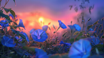 Morning glories unfurling their tendrils to greet the dawn's first light. - obrazy, fototapety, plakaty