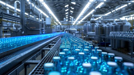 Fototapeta premium An expansive view of a drink bottling plant capturing the flow of blue transparent bottles along the production line a testament to modern manufacturing