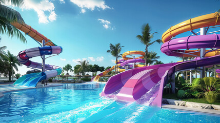 An exhilarating view of vibrant water slides twisting into a sparkling pool in a bustling aqua park capturing the essence of vacation fun