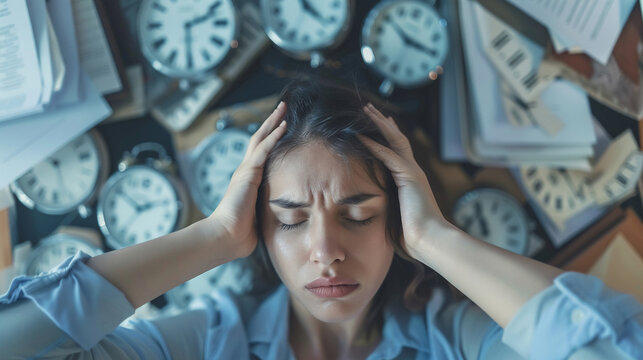 An image capturing a stressed young professional with documents and clocks orbiting her head symbolizing chronic fatigue and deadline pressures